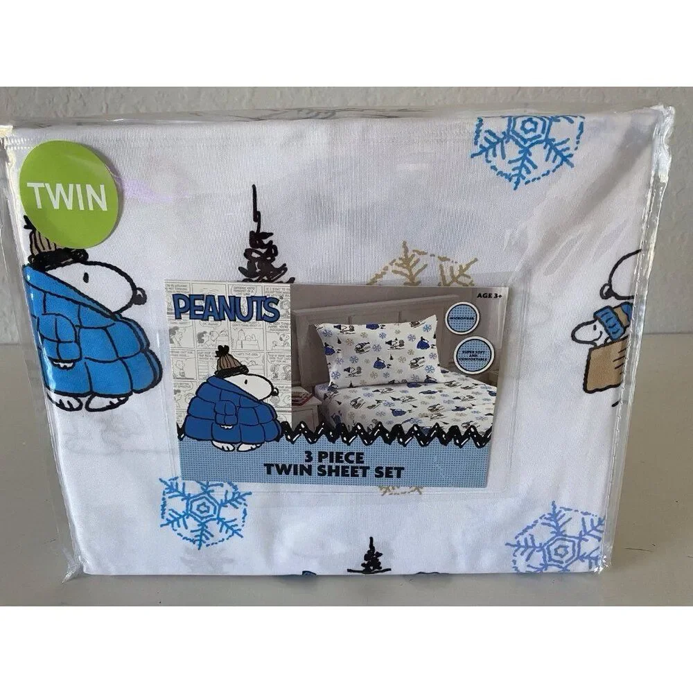 Peanuts Snoopy Puffy Coat TWIN SIZE Sheet Set Christmas Puffer Jacket White Blue
